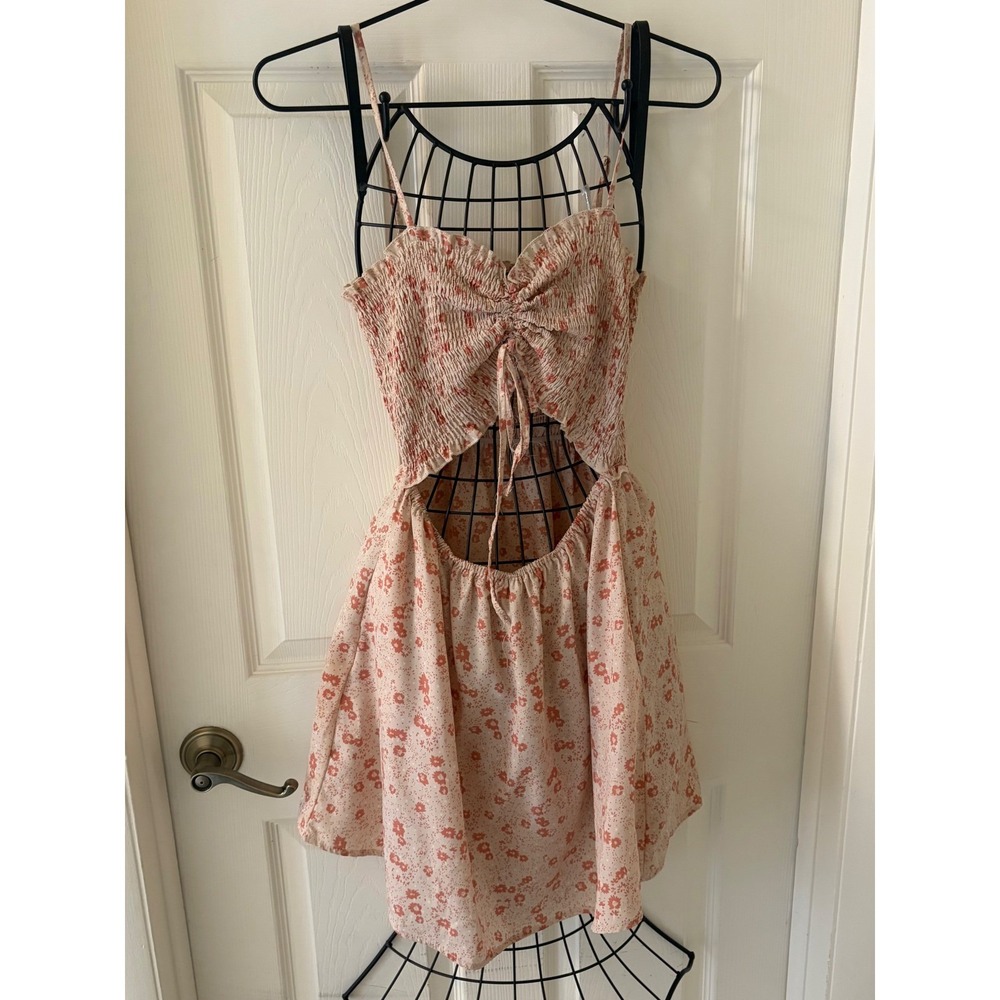 Camellia Womens M Cream Coral Floral Smocked Cutout Midi Dress